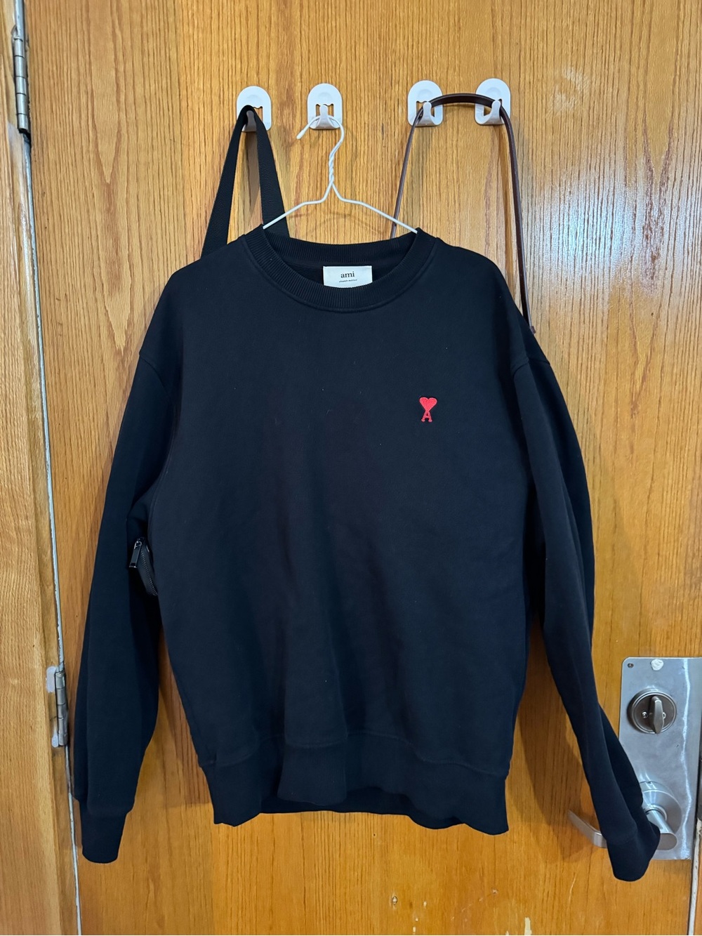 Ami Black Crewneck Sweatshirt with Small Red Heart